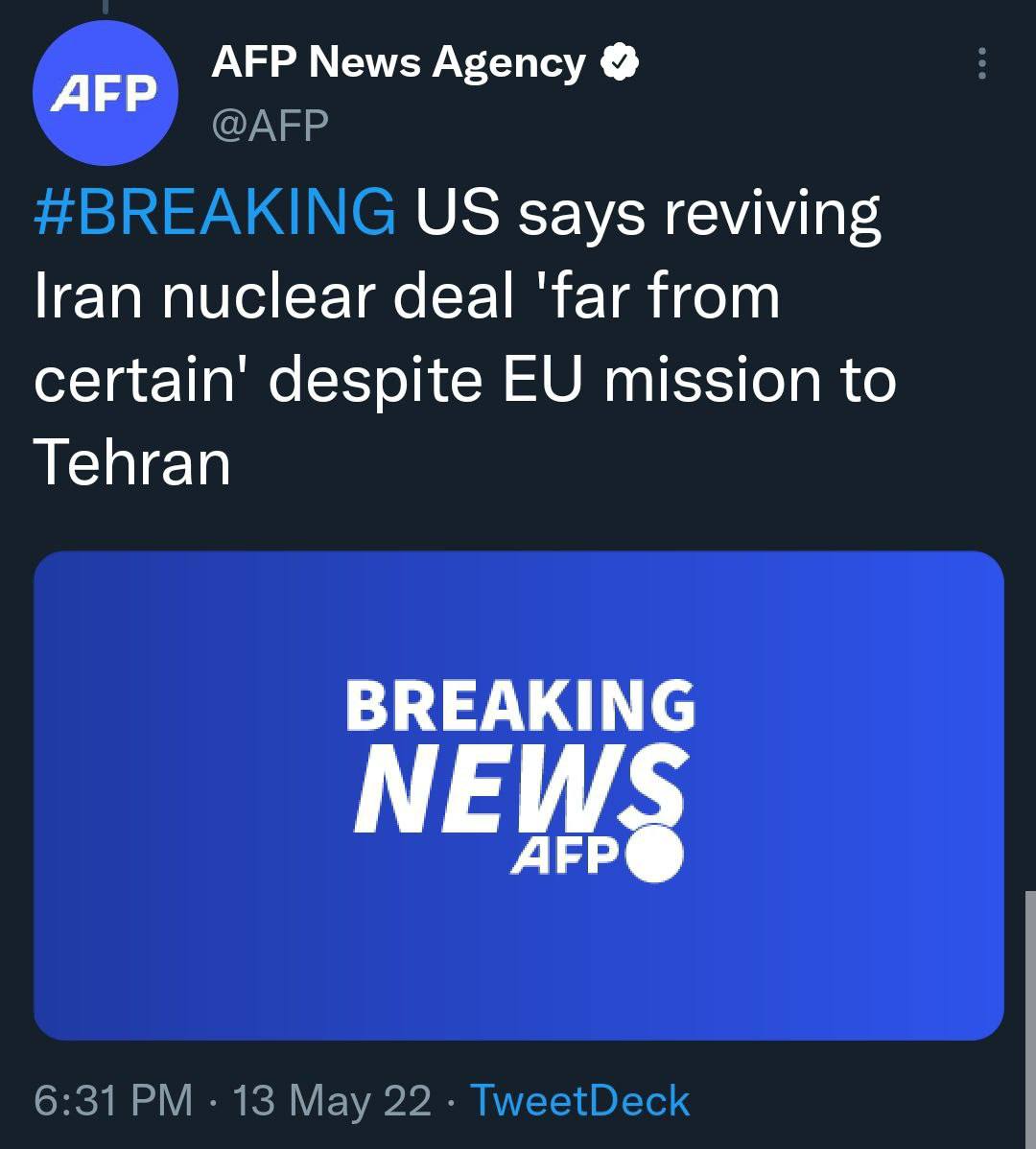 خبرگزاری فرانسه:آمریکا می‌گوید احیای توافق هسته ایران، علی‌رغم سفر نماینده اتحادیه اروپا به تهران، با قطعی شدن فاصله بسیاری دارد.