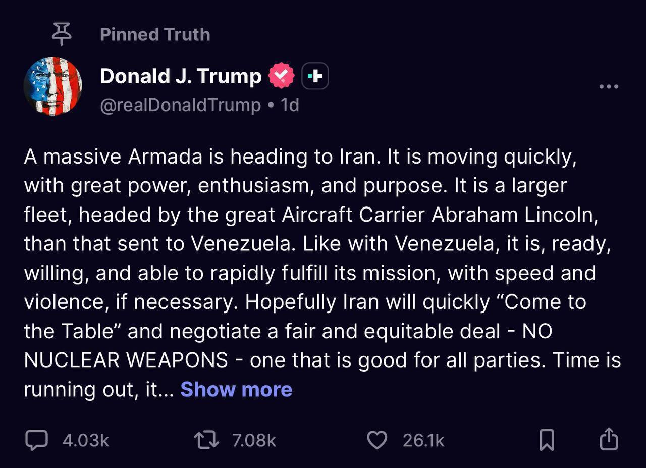 ترامپ پست خود را در پلتفرم «تروث سوشال» که در آن گفته بود «زمان در حال اتمام است» برای ایران، پین کرد.